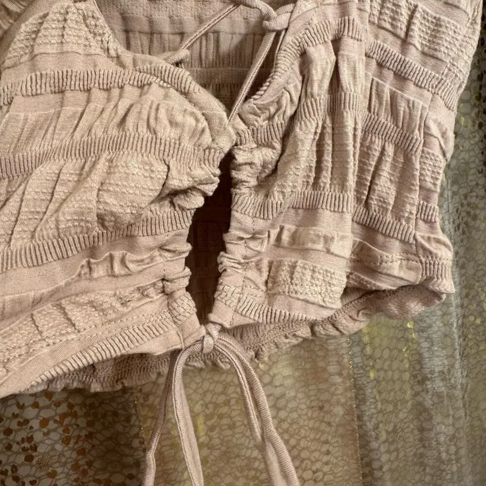 Free People Nude Tan Ruched Lace Up Back Long Sleeve Top XS